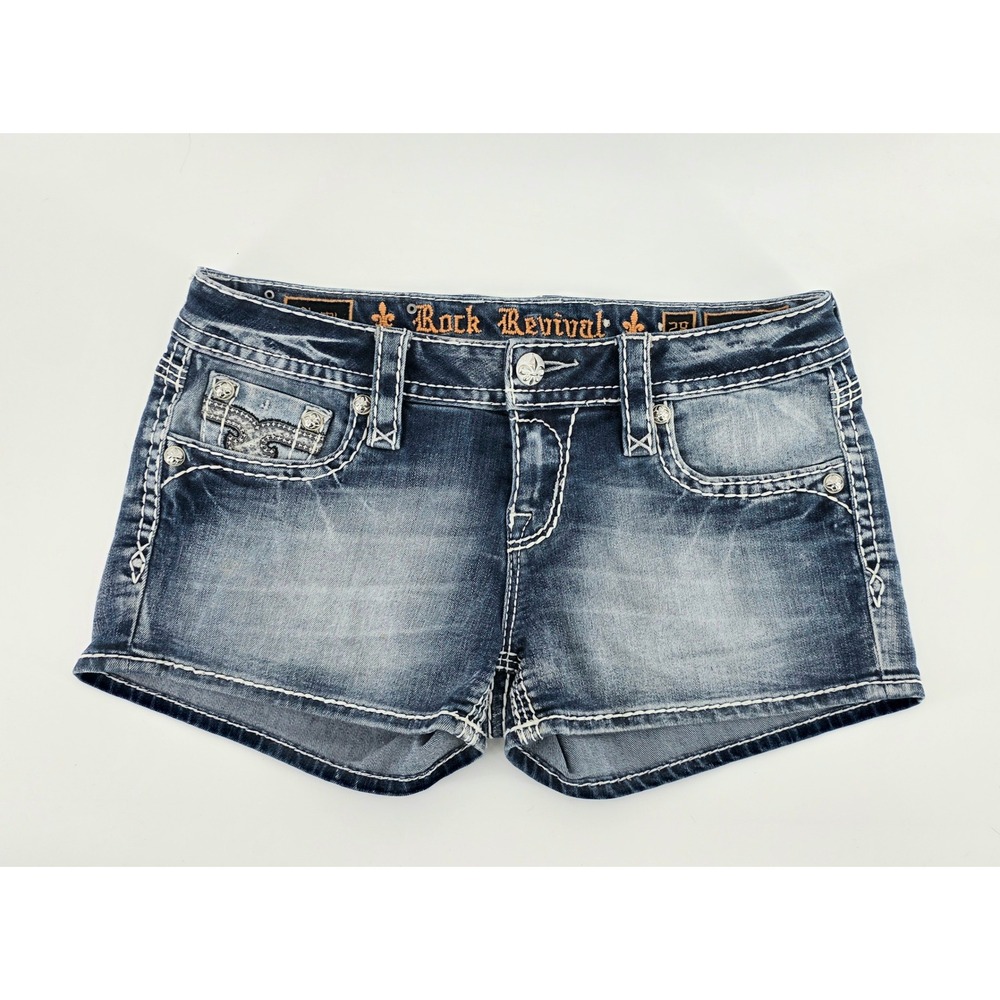 Rock Revival Y2K Sherry Denim Shorts Size 28 Women Medium Wash Distressed Bling
